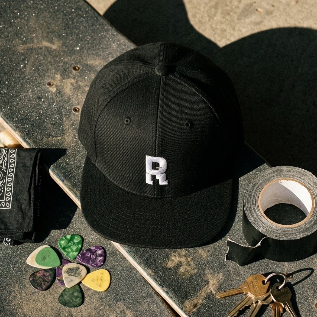 Black snapback hat with white embroidered glitch letter R, flat lay on skateboard grip tape with gaffer tape and guitar picks