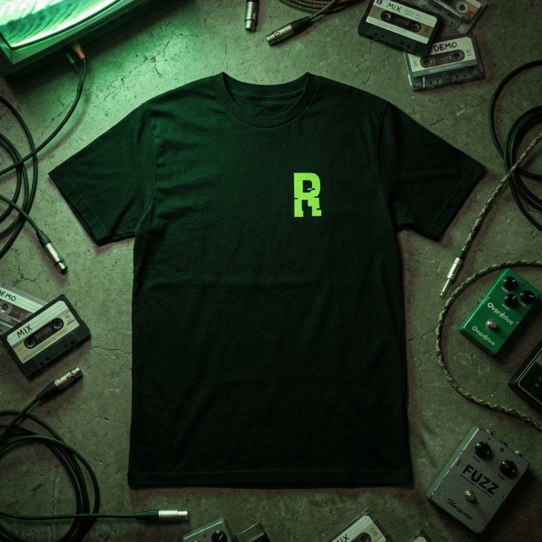Black t-shirt with neon green glitch letter R chest print, flat lay on concrete with cassette tapes, guitar pedals, and a glowing CRT monitor