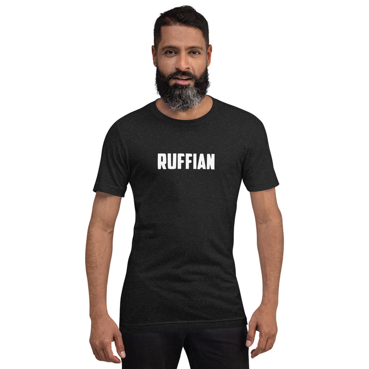 Ruffian Unisex T Shirt With Ruffian Logo On Black T Shirt Male Model Standing On White Background